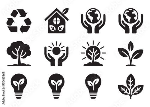 Solid black environmental icons showing sustainability recycling green energy and planet protection