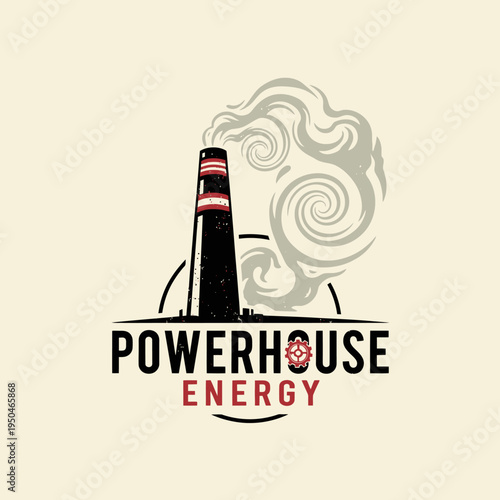 Vintage Powerhouse Energy Logo with Industrial Chimney Emitting Smoke and Lightning Bolts on a Bright Background.