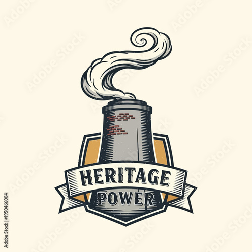 Vintage Heritage Power Shield Emblem with Industrial Chimney and Smoke on a Light Background