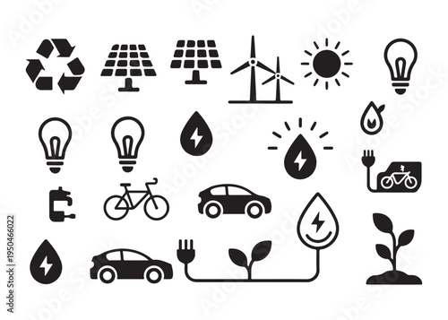 Sustainable energy and transportation icons with solar panels wind turbines electric cars and bikes