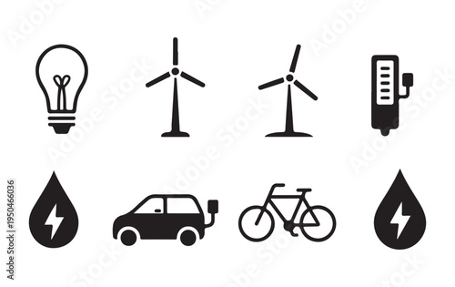 Green energy silhouette icons with wind turbines electric car bicycle lightbulb and power symbols