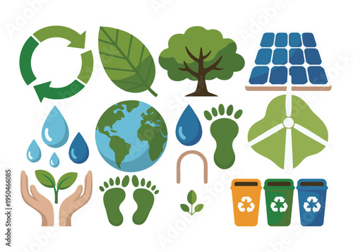 Set of eco friendly vector icons with various elements related to nature and sustainability