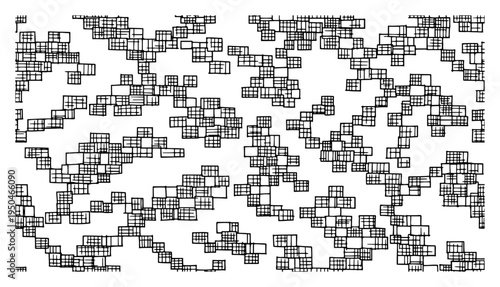 Abstract digital pattern composed of small squares and grid blocks in ink style