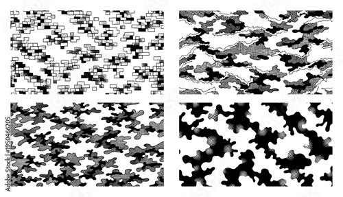 Set of four monochrome camouflage patterns with digital and traditional military styles