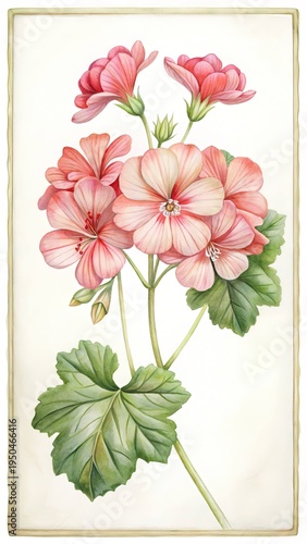 Watercolor Painting of a Pink Geranium Blossom with Leaves and Budding Flowers