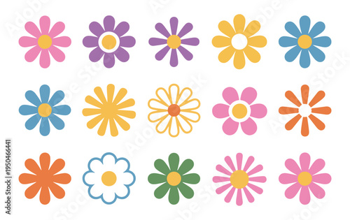 Set of fifteen colorful retro groovy flower vector design elements isolated on white background