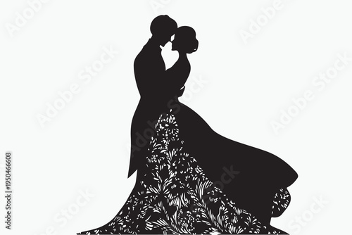 A paper-cut of a wedding dress, the bride and groom in black silhouette against a white background.Vector illustration of silhouette of bride and groom.