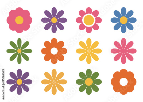 Collection of stylized flowers in bold colors and flat design aesthetic, cheerful retro vibe