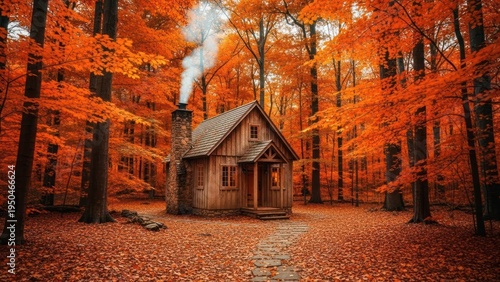 Cozy rustic cabin in a vibrant autumn forest, surrounded by stunning orange and red fall foliage with smoke rising from the chimney.