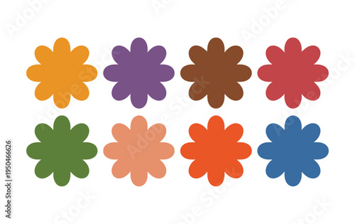Set of eight colorful groovy flower shapes vector design elements isolated on white background