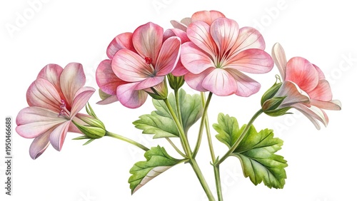 Watercolor Painting of Pink Geranium Flowers with Green Leaves on White Background