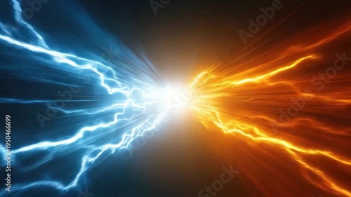 Dynamic burst of blue and orange light rays colliding in a dark abstract