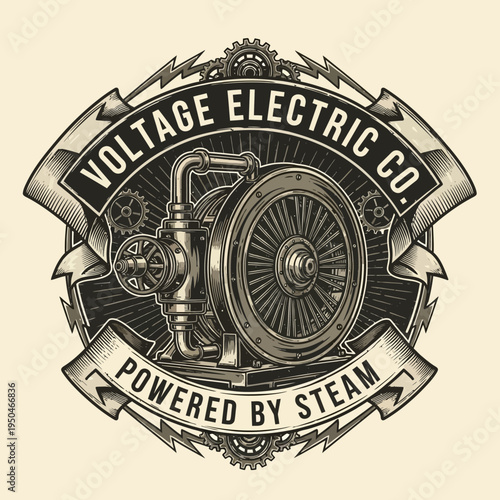 Vintage Voltage Electric Company Logo with Steam Powered Generator and Gears on Light Background