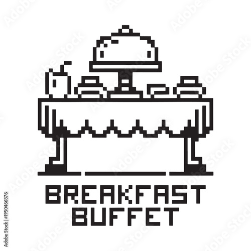 Pixelated illustration of a breakfast buffet with a covered dish