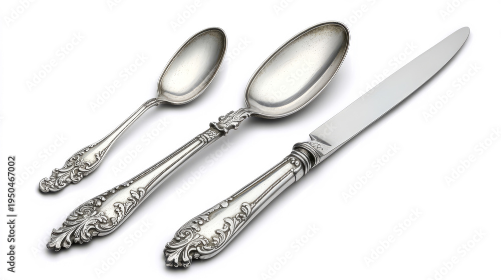 Fototapeta premium elegant set of antique silverware, including a knife, fork, and spoon, isolated on a transparent background 