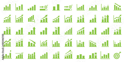 A set of black and white vector icons depicting various business and finance symbols, including bar graphs and arrows. statistic and data, charts diagrams, money, down or up arrow Growth icon set. 