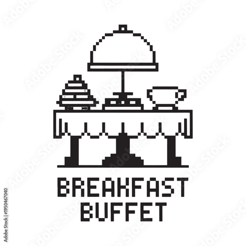 Pixelated illustration depicts a breakfast buffet with covered dishes