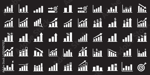 Business chart icon set showing growth and decline trends. Bar graphs with up and down arrows for analytics statistics financial performance revenue increase sales growth profit. Growing and Declining