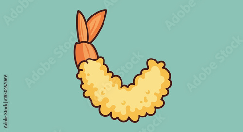 Crispy Golden Tempura Shrimp Isolated on Teal Background, Japanese Food Illustration