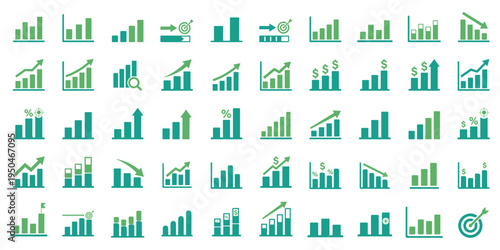 Business chart icon set showing growth and decline trends. Bar graphs with up and down arrows for analytics statistics financial performance revenue increase sales growth profit. Growing and Declining