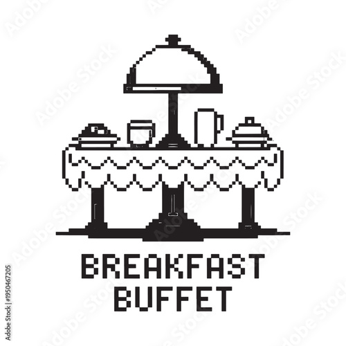 A simple pixelated illustration of a breakfast buffet setup with tableware