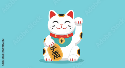 Lucky Cat Maneki Neko Waving Paw for Good Fortune, Japanese Culture Icon