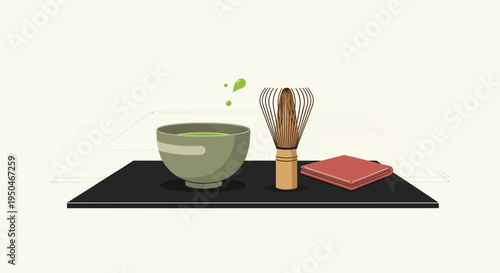 Matcha Tea Ceremony Set: Whisk, Bowl, and Cloth on Black Tray