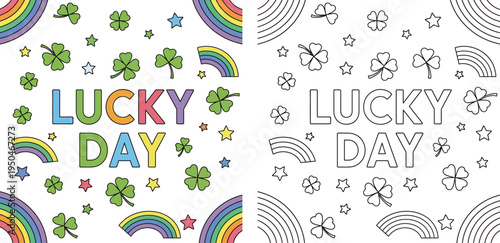 Fotografie Lucky Day typography with shamrocks, rainbows, and stars