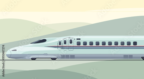 Modern high-speed bullet train traveling through scenic rolling hills landscape