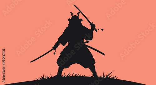 Silhouette Samurai Warrior with Swords on Hilltop at Sunset