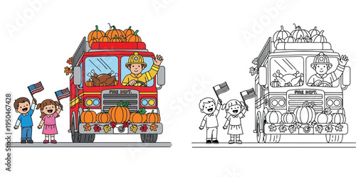 Thanksgiving fire truck illustration with kids holding American flags, turkey, and pumpkins. Color and line art coloring page.