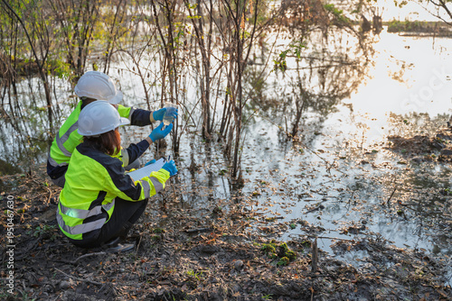 Fotografie Environmental engineers collect water samples from a swamp for quality testing