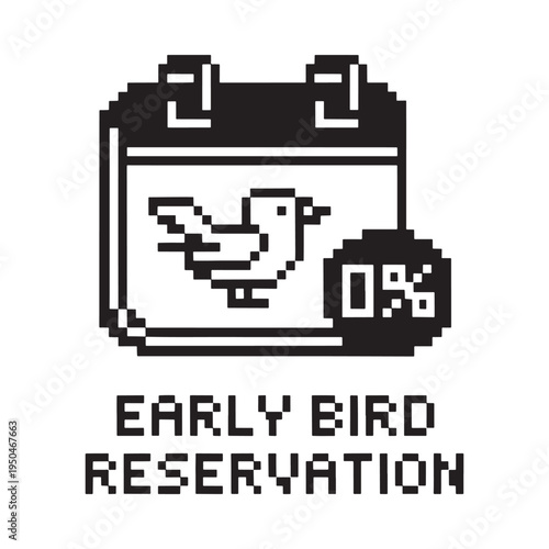 Pixelated calendar with bird illustration promoting early bird reservation offers