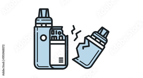 Damaged electronic cigarette illustration with cracked components, symbolizing device malfunction or end-of-life