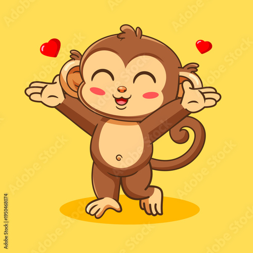 Cute Happy Monkey Spreading The Love Vector Illustration Kawaii Design