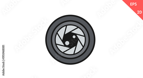 Flat 2D vector icon of a camera lens aperture, symbolizing photography, focus, and optical technology for modern creative projects