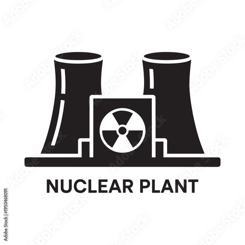Simple black and white illustration of a nuclear power plant with warning symbol