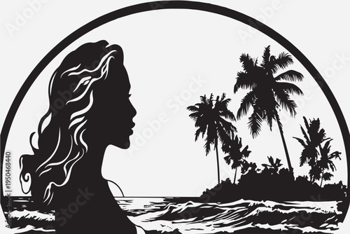 black and white vector silhouette of a woman standing on the beach with a sunset in the background, simple design, logo style.Happy girl is enyoing the moment and feeling free. Vector illustration.