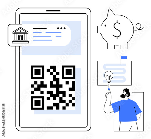 Digital payments, financial technology, online banking, savings, cashless transactions, innovation, technology. QR code on smartphone piggy bank person with lightbulb icon. Digital payments
