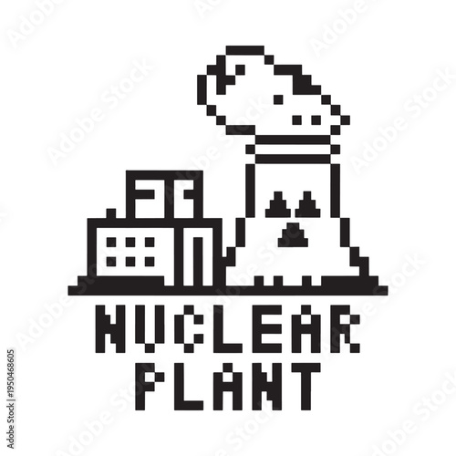 Pixelated nuclear power plant with cooling tower and hazard symbol