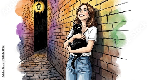 Young woman smiling while holding black cat in colorful alleyway  