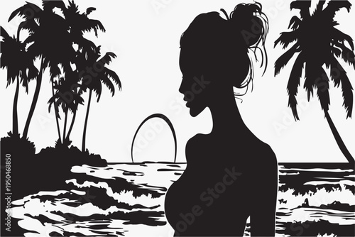 Black and white vector silhouette of a woman standing on the beach with a sunset in the background, simple design, logo style, flat, vectorized, no gradients, high contrast, simple shapes