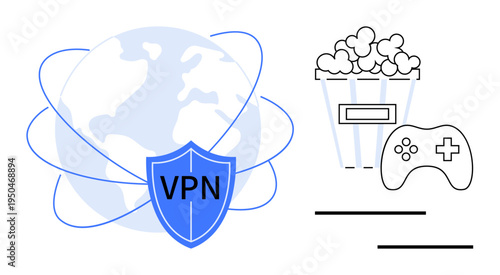 Network globe surrounded by VPN security shield, popcorn bucket, and game controller. Ideal for online privacy, data security, streaming, gaming, cybersecurity, anonymity simple flat metaphor
