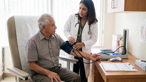 Indian Female Doctor Checking Senior Man's Blood Pressure in Clinic for Routine Medical Examination and Health Screening