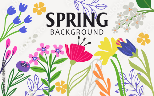 Spring background with blooming flowers in vector, flat style.