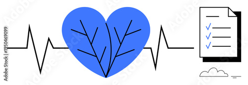 Health monitoring concept. Heartbeat lines connecting a symbolic heart and a checklist health tracking. Health monitoring aids wellness goals and accurate healthcare measures. For medical analysis