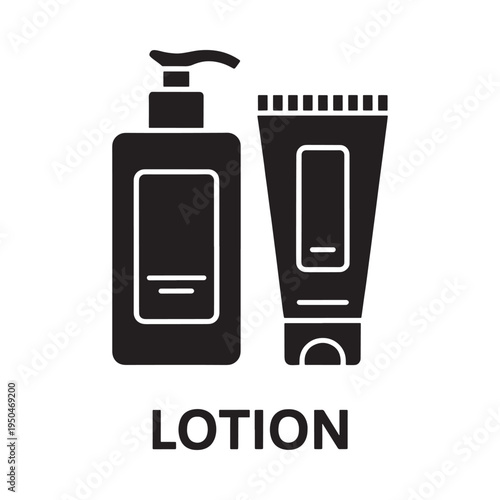 Simple black icon depicting a pump bottle and tube of lotion