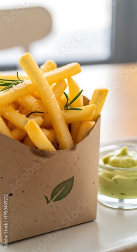 Savory golden potato sticks seasoned with salt and herbs served in an eco friendly container beside dipping sauce