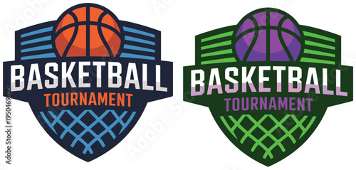 Basketball Tournament Emblem Vector Illustration with Ball Shield and Net for Sports Branding