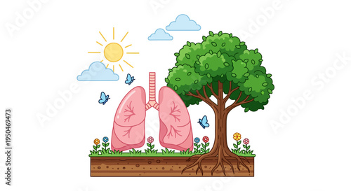 Healthy Lungs Supported by Nature and Sunlight, Symbolizing Clean Air and Life with Butterflies